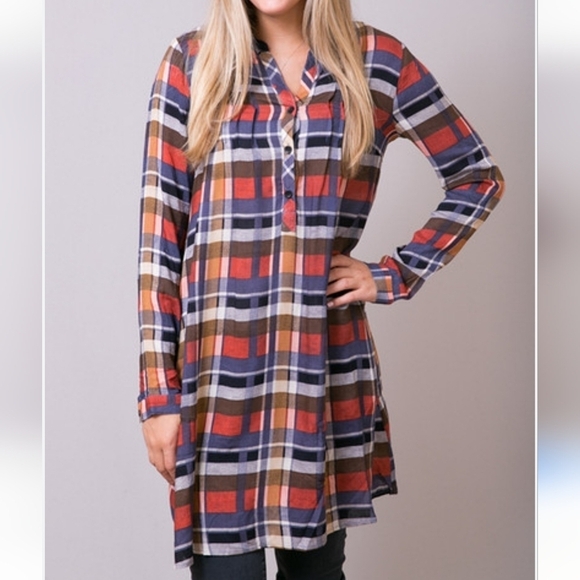 NWT Mystree | Colorful Plaid Long Sleeve Tunic Top Size Small - Picture 2 of 7